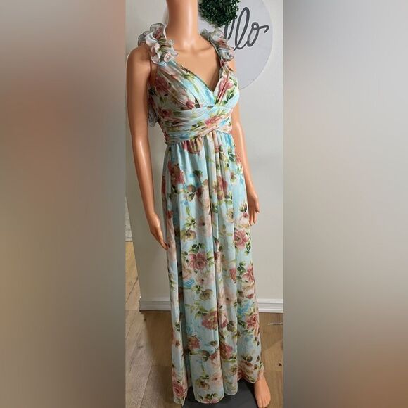 BETSY & ADAM Floral Print Ruffle Lace Back Gown Sz. 4 - Picture 5 of 11